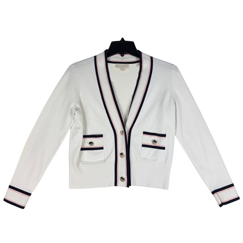Ted Baker London White Striped Trim V-Neck Button Cardigan Sweater Size 1 US 4